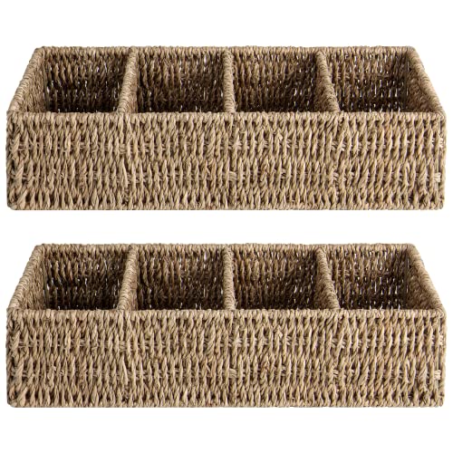 StorageWorks Small Wicker Basket for Organizing with 4-Section, Natural Seagrass Storage Baskets with Dividers for Pantry Shelves, 2-Pack - color: Natural (Seagrass Baskets)