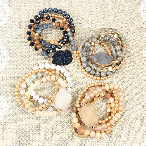 RIAH FASHION Bohemian Acrylic Druzy Multi-Layer Bead Statement Bracelet - Versatile Faux Stone Pendant Stretch Strand Stackable Cuff Bangle Set Sparkly Crystal - color: Acrylic Druzy & Natural Stone Bead White Howlite