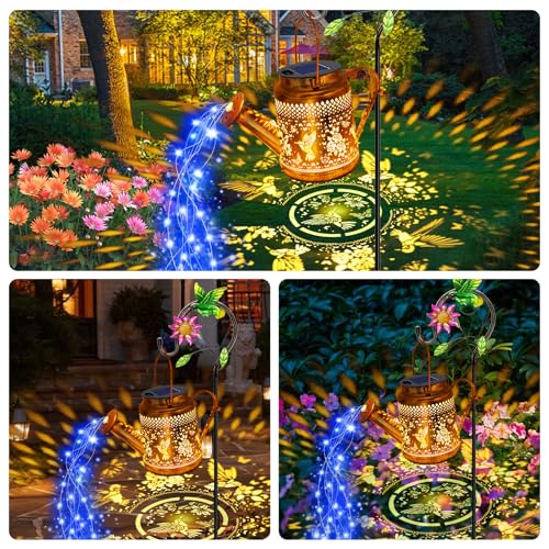 Solar Lights Outdoor Garden Decor, Hummingbird Hanging Watering Can Landscape Lights Waterproof Outside Decorations for Yard Front Porch Patio Backyard, Gardening Gift for Mom Grandma Women Birthday - style: Hummingbird with Butterfly