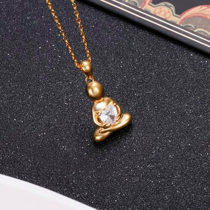S925 Sterling Silver Meditating Fairy Pendant Neckalce for Women Figure Hugging Heart CZ Zen-Inspired Jewelry for Yoga Meditation