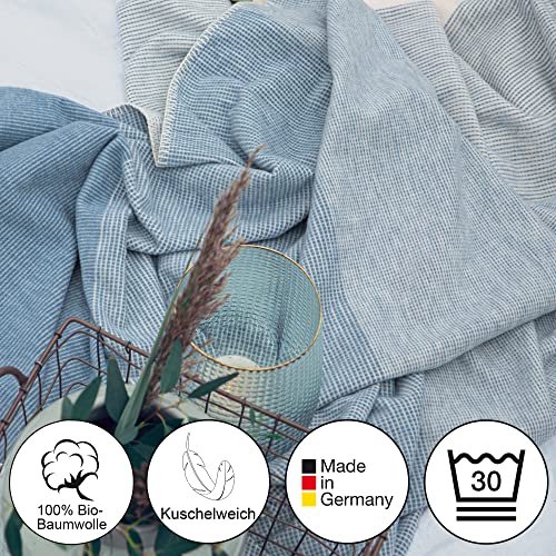 IBENA Salerno 100% Organic Cotton Cuddly Soft Jacquard Woven Ombre Throw Blanket (Blue) - color: Blue