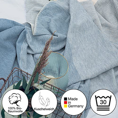 IBENA Salerno 100% Organic Cotton Cuddly Soft Jacquard Woven Ombre Throw Blanket (Blue) - color: Blue