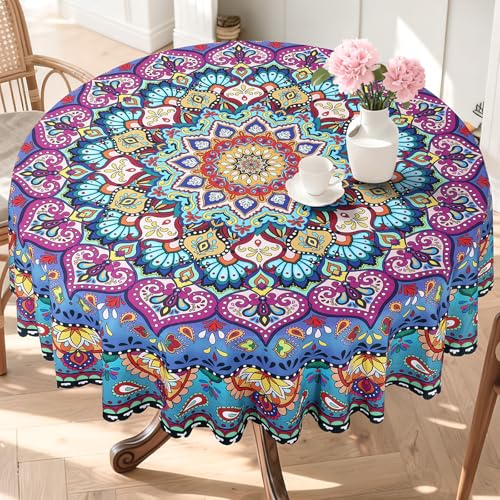 Boho Round Table Cloth Bohemia Washable Polyester Oil-Proof Tablecloth Stain Wrinkle Resistant Table Cover for Party Kitchen Decor Outdoor Picnic, 70 inch Round - color: Bohemia, size: 70" (Round)