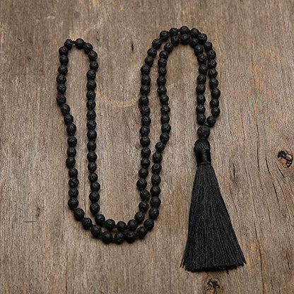 6MM Mala Beads Necklace Natural Amazonite Stone Meditation Statement Necklace Japa Yoga Rosary Prayer Charm Beaded Tassel Necklace - style: Natural Lava