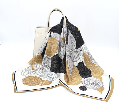 ANDANTINO 100% Pure Mulberry Silk Scarf 35" Large Square Lightweight Headscarf –Women’s Hair Wraps-With Gift Packed - color: Black&gold