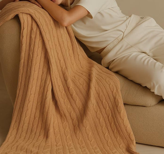 100% Pure Cotton Cable Knit Throw Blanket, Ultra Soft Breathable All Seasons Comfy Knitted Lightweighted Washable Blanket for Couch Bed, Farmhouse Home Decor, Gift Package, 60" x 70" Camel - color: Camel