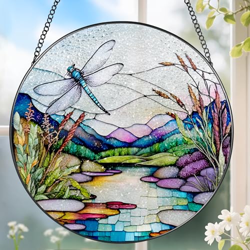 8 Inch Stained Glass Suncatcher Ornament, DOUHASU Dragonfly Sun Catchers Indoor Window, Stained Glass Window Hanging, Home Decor, Dragonfly Lovers Gifts for Her, Women, Mom, Wife - color: Dragonfly&river