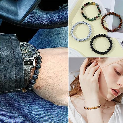 FIRAZIO 12Pcs 8mm Gemstones Beaded Stretch Bracelet for Women Crystal Stone Bracelets Round Beads Semi-Precious Stretch Bracelet Set Unisex