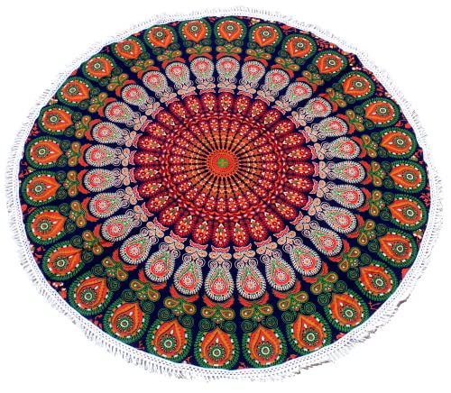 Mandala Round Beach Tapestry Boho Hippie Blanket Bohemian Large Table Cloth Home Decor Yoga Mat Meditation Picnic Rug Throw Hippy Gypsy Tablecloth Roundie (42 Inches, Orange And Green) - color: Orange And Green, size: 42"L x 42"W