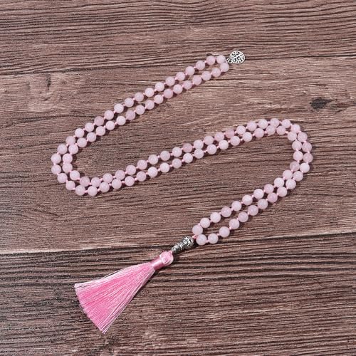 108 Mala Beads Necklace Semi-Precious Gem Stones Meditation Necklace 108 Hand Knotted Japa Mala Beaded Tassel Necklace with Tree of Life Pendant - color: Rose Quartz