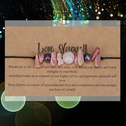COLORFUL BLING Handmade Healing Chakra Beaded Bracelet with Spiritual Meaningful Card Crystal Natural Stone Strand Bracelet for Women Reiki Yoga Meditation Jewelry Protection Gifts - color: pink