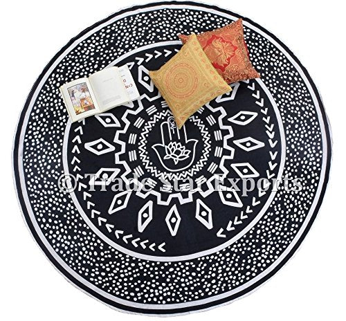 Indian Round Hamsa Tapestry, Decorative Table Cloth, Large Meditation Throw, 72" Round Picnic Blanket, Boho Beach Throw, Ethnic Yoga Mat (Pattern 3)