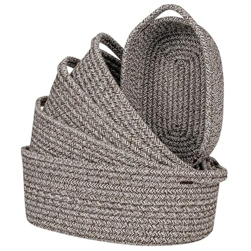 CubesLand Small Cotton Rope Storage Basket Set 5, Shelves Baskets for Organizing with Handle, Decorative Closet Storage Bins for Countertop Toilet Paper Basket for Toilet Tank Top,Mixed Brown Basket - color: Mixed Brown