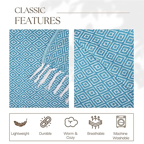 RAJRANG Throw Blanket Cotton with Tassel - 50x60 Inches Soft 100% Cotton Boho Decorative Farmhouse Throw for Bed Sofa Chairs and Couch Caribbean Sea Blue