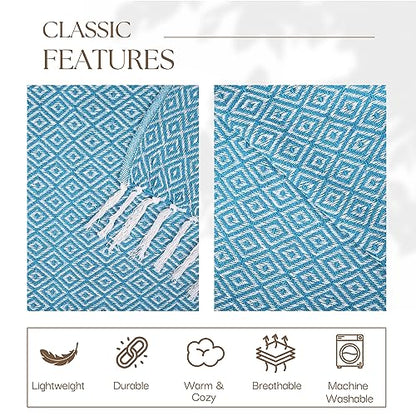 RAJRANG Throw Blanket Cotton with Tassel - 50x60 Inches Soft 100% Cotton Boho Decorative Farmhouse Throw for Bed Sofa Chairs and Couch Caribbean Sea Blue