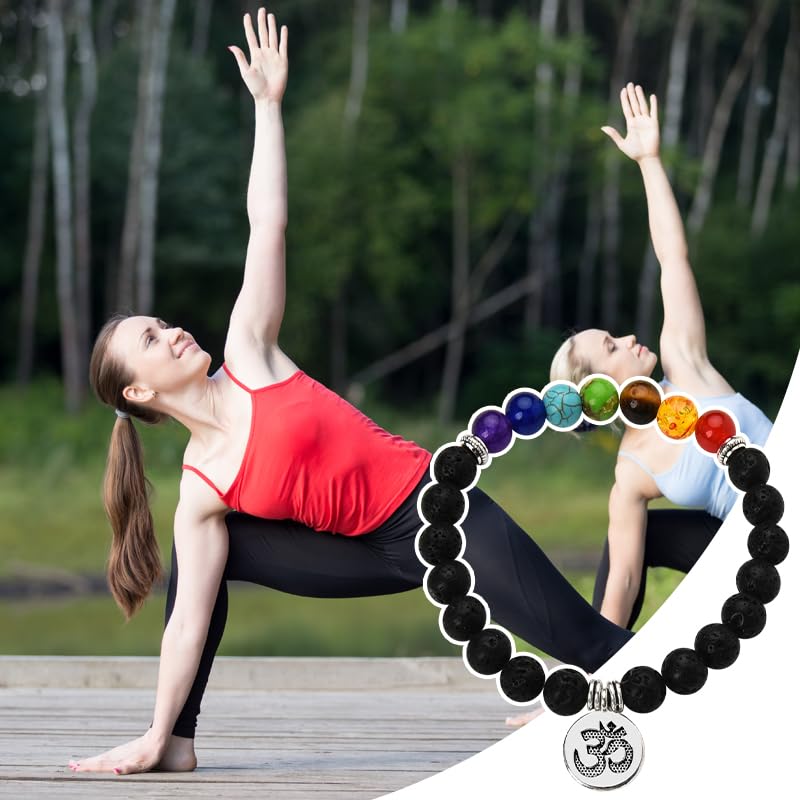 Chakra Bracelets for Women Men 8mm Buddhist Yoga Bead Bracelet with Black Lava Stone Bracelet Elastic Meditation Accessories - color: Color A