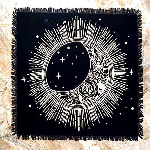 INDACORIFY Moon Altar Table Top Cloth with Fringes Alter Tarot Witchcraft Spread Meditational Spiritual Sacred Cloth 18x18 in (Gold Flower Moon Star) - color: Gold Flower Moon Star
