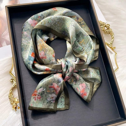 ANDANTINO 100% Silk Scarf for Women 59”*6.3” Long Shawls for Headscarf and Neck- Oblong Hair Wraps with Gift Packed - color: Oil Painting-green