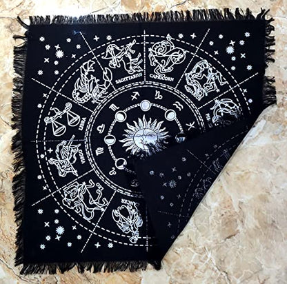 INDACORIFY Zodiac Constellation Altar Table Top Cloth with Fringes Alter Tarot Witchery Product Spread Spiritual Sacred Cloth 18x18 in (Silver Zodiac Constellation) - color: Silver Zodiac Constellation