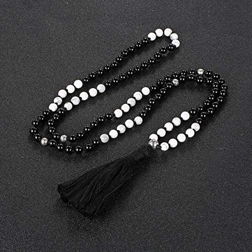 LIUANAN 108 Mala Beads 8mm Natural Bracelet Healing Gemstone Yoga Meditation Hand Knotted Mala Prayer Bead Necklace - color: 6mm-Black+White Natural Turquoise