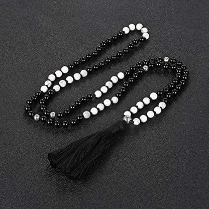 LIUANAN 108 Mala Beads 8mm Natural Bracelet Healing Gemstone Yoga Meditation Hand Knotted Mala Prayer Bead Necklace - color: 6mm-Black+White Natural Turquoise