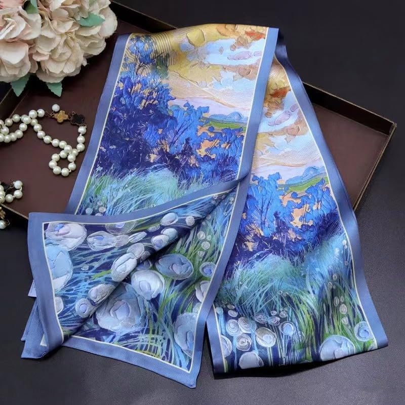 ANDANTINO 100% Silk Scarf for Women 59”*6.3” Long Shawls for Headscarf and Neck- Oblong Hair Wraps with Gift Packed - color: Oil Painting-blue
