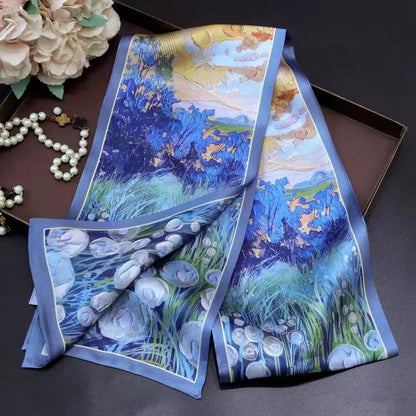 ANDANTINO 100% Silk Scarf for Women 59”*6.3” Long Shawls for Headscarf and Neck- Oblong Hair Wraps with Gift Packed - color: Oil Painting-blue