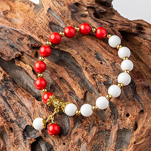 Natural Stretch Gemstone Bracelet Healing Stone Beaded Bracelets for Women Men Gifts (Unisex) - color: red white stone