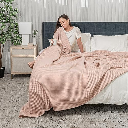 Comfy Cubs 100% Cotton Waffle Weave Throw Blanket Breathable Skin-Friendly Soft Lightweight Blankets - Perfect Warm Textured Blanket Layer - Size for Couch Bed & Sofa (Blush, 50" X 60") - color: Blush, size: 50" X 60"