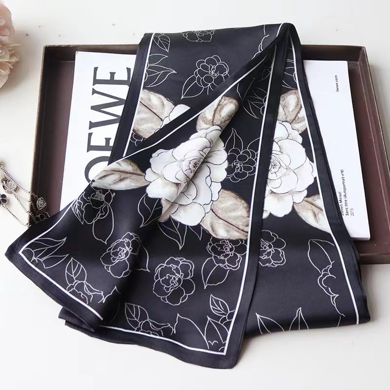 100% Silk Scarf for Women 59”*6.3” Long Shawls for Headscarf and Neck- Oblong Hair Wraps with Gift Packed - color: Black&white Camellia Flowers