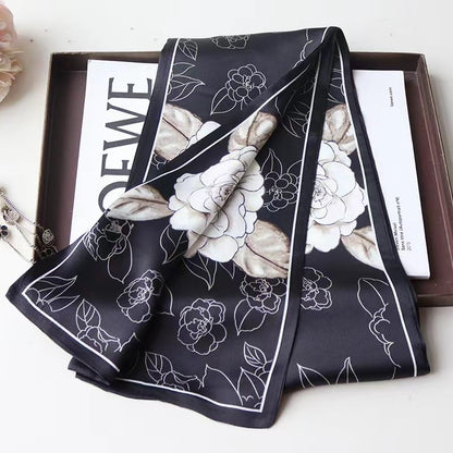 100% Silk Scarf for Women 59”*6.3” Long Shawls for Headscarf and Neck- Oblong Hair Wraps with Gift Packed - color: Black&white Camellia Flowers