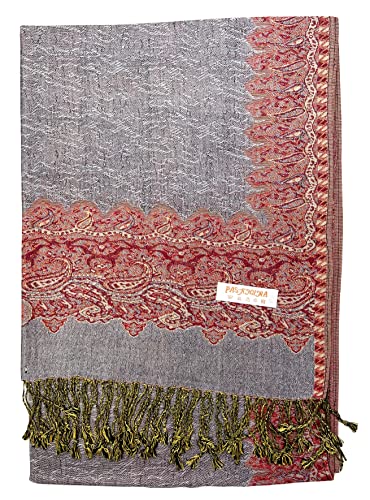 Plum Feathers Tapestry Ethnic Paisley Pattern Pashmina Shawl Scarf, Womens Pashmina Shawl Wrap with Fringes - color: Grey Red Border