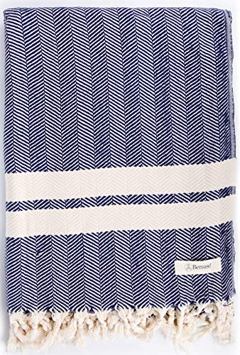 Bersuse 100% Cotton Herringbone XL Throw Blanket for Couch - 100% Cotton Lightweight Durable Throw Blanket, Big Blanket for Sensitive Skin, Decorative and Versatile - 63x94 Inches, Dark Blue