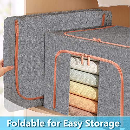 Large Capacity Clothes Storage Bags Stackable Storage Organizer with Foldable Metal Frame Zipper Handles Clear Window Storage Container Box for Blanket Sweater Comforter Pillow (100L Gray 2 Pack)