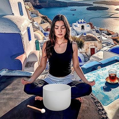 Singing Bowl 8 Inch E Note Solar Plexus Chakra Frosted Quartz Crystal Sound Bowl Mallet and O-ring For Sound Healing Meditation - color: white 3, size: 8"E