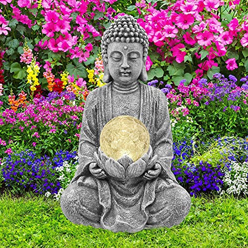 Nacome Meditating Buddha Statue with Solar Light,Zen Solar Garden Buddha with Cracked Glass Ball Sculpture-Indoor/Outdoor Decor for Balcony,Garden,Patio,Porch Yard Art Ornament,Gift - color: Gray