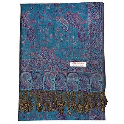 Falari Women's Reversible Paisley Pashmina Shawl Wrap Scarf For Evening Dresses Festivals Any Occasions All Seasons 80"x27" - color: Style 1 - Teal & Purple