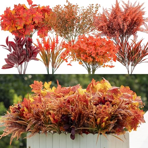 24 Bundles Fall Flowers Artificial for Outdoors, Artificial Flowers for Outdoors Faux Mums Fall Fake Flowers for Outdoor Planters Home Garden Yard Autumn Fall Decor Thanksgiving Decorations - color: Orange Red Maple