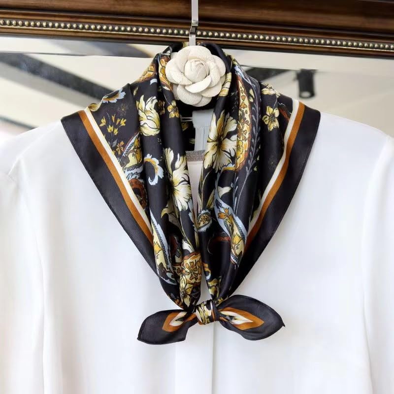 ANDANTINO 100% Mulberry Silk Scarf -21” Lightweight Square Neckerchief – Breathable Digital Printed Scarves with Gift Packed - color: Flowers-black