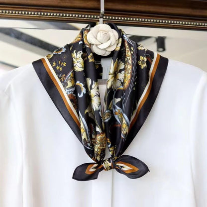 ANDANTINO 100% Mulberry Silk Scarf -21” Lightweight Square Neckerchief – Breathable Digital Printed Scarves with Gift Packed - color: Flowers-black