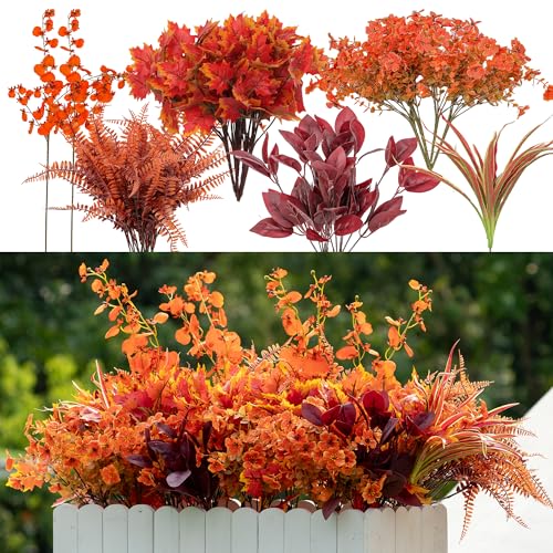 17 Bundles Artificial Fall Flowers for Outdoor Faux Fall Orchid Mums Flowers for Outside Garden Yard Window Thanksgiving Autumn Decor Fall Decorations for Home - color: Orange Orchid