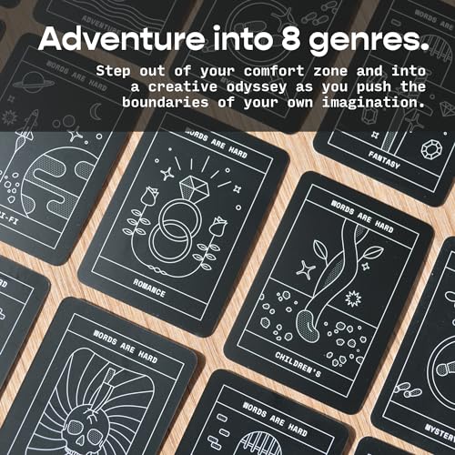 Freewrite Words are Hard Writing Prompt Deck | 150 Creative Writing Prompts for 8 Genres | Gifts for Writers with Inspiring Illustrations | Storytelling Cards with a Custom Wooden Stand