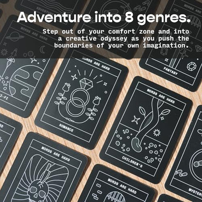 Freewrite Words are Hard Writing Prompt Deck | 150 Creative Writing Prompts for 8 Genres | Gifts for Writers with Inspiring Illustrations | Storytelling Cards with a Custom Wooden Stand