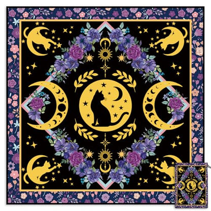 Tarot Altar Cloth Cat and Moon Phases Print Card Table Tablecloth Pueple Flowers Tablecloth with Tarot Bag for Reading Rituals Crystals Spiritual Divination Witchcraft Supplies - color: Cat and Moon Phases