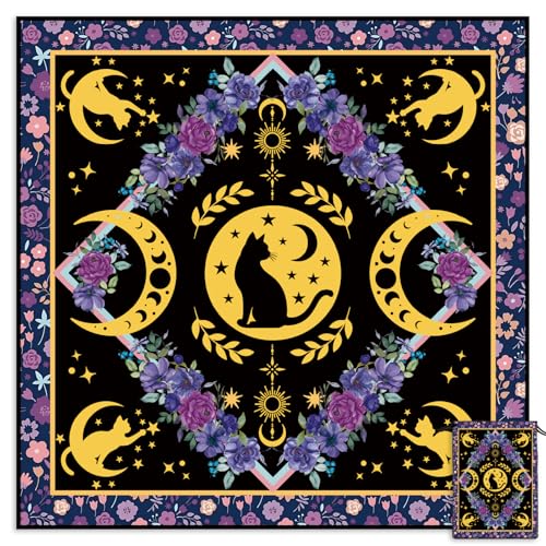 Tarot Altar Cloth Cat and Moon Phases Print Card Table Tablecloth Pueple Flowers Tablecloth with Tarot Bag for Reading Rituals Crystals Spiritual Divination Witchcraft Supplies - color: Cat and Moon Phases