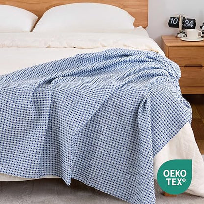 Lightweight Cotton Waffle Blanket Twin Size, Modern Two-Tone Check Pattern, Soft & Breathable for Bed, Couch, Sofa, All Seasons –Navy Blue/White, 60"x80" - color: Navy/White, size: Twin