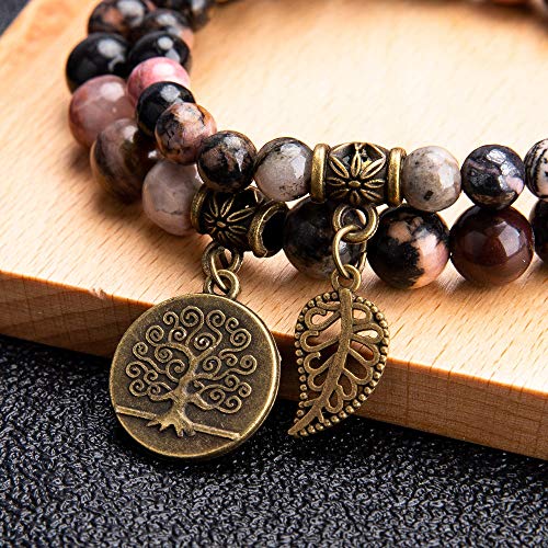 Bivei Natural Semi Precious Gemstone beads bracelet for women - Life Tree and Leaf Charm Energy Reiki Crystal Stretch Bracelets - color: Rhodonite Bracelet Set, size: Medium:6.8-7.24inch