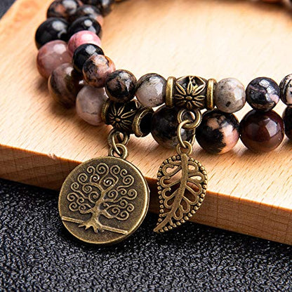 Bivei Natural Semi Precious Gemstone beads bracelet for women - Life Tree and Leaf Charm Energy Reiki Crystal Stretch Bracelets - color: Rhodonite Bracelet Set, size: Medium:6.8-7.24inch