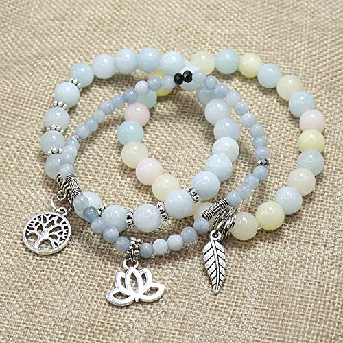 Tree of Life Yoga Healing Stone Bracelets,Multilayer Lotus Chakra Stone Reiki Bracelet Sets,Anxiety Crystal Natural Stone,for Women Stress Relief - style: Aquamarine + Morganite