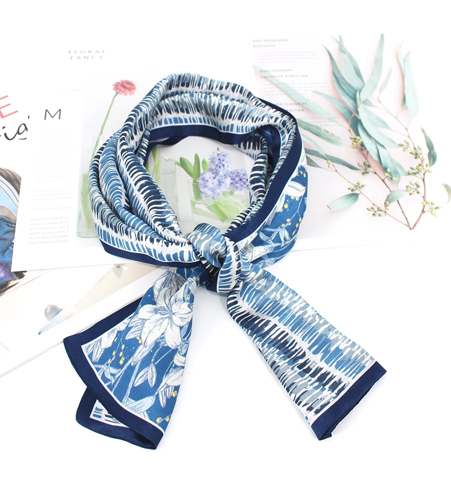 100% Silk Scarf for Women 59”*6.3” Long Shawls for Headscarf and Neck- Oblong Hair Wraps with Gift Packed - color: Blue&white Lilies